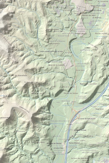 Mapa de relieve del Garrofí, 617 m, Bages, lámina 100 Cims de Trobart. Detalle de la zona inferior derecha. 61 × 91 cm.