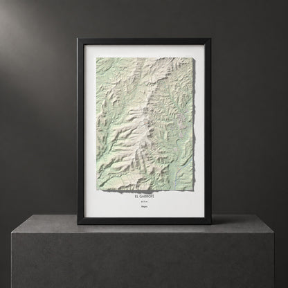 Mapa de relieve del Garrofí, 617 m, Bages, lámina 100 Cims de Trobart. Presentación enmarcada. 70 × 100 cm.