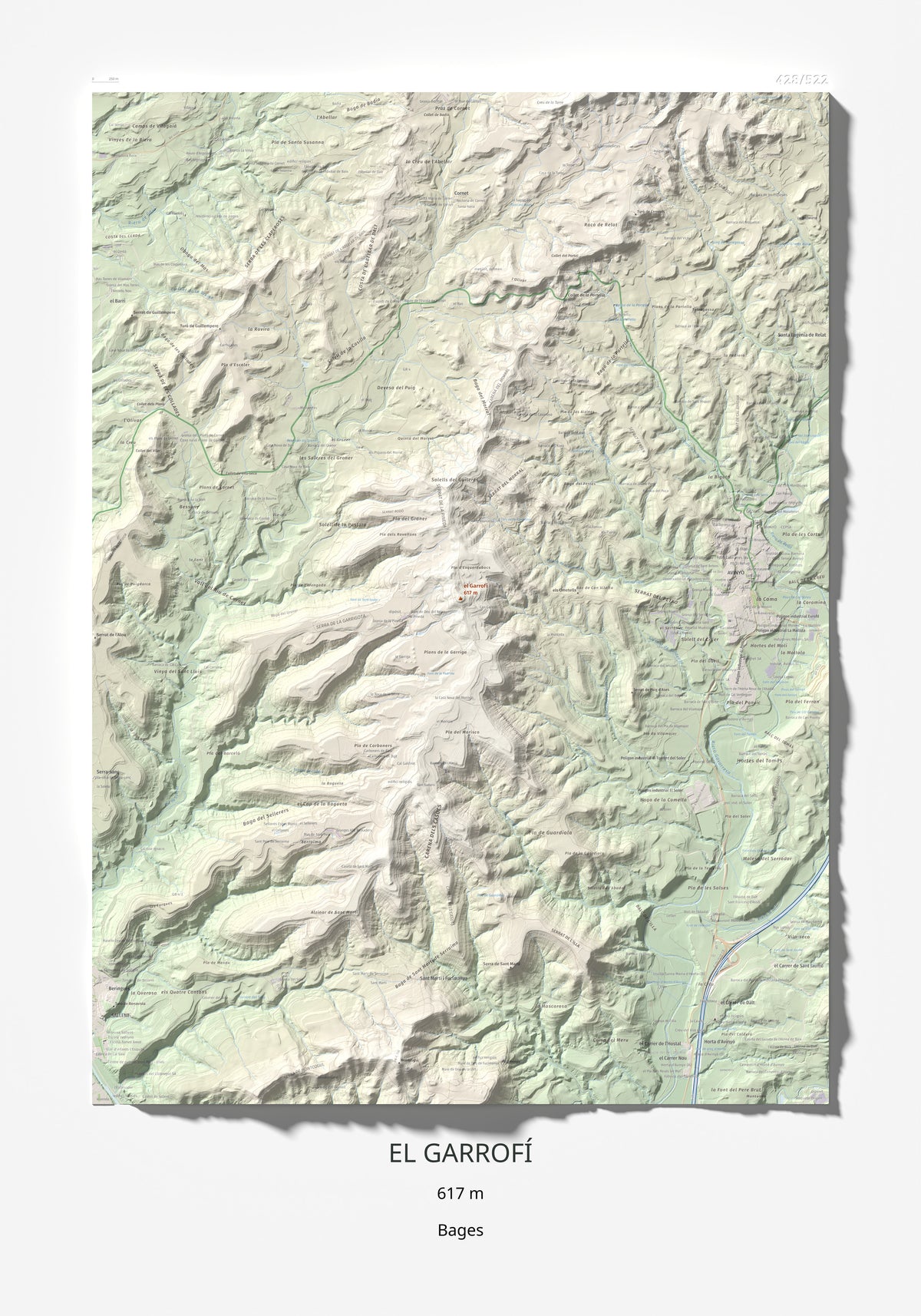 Mapa de relieve del Garrofí, 617 m, Bages, lámina 100 Cims de Trobart 70 × 100 cm.