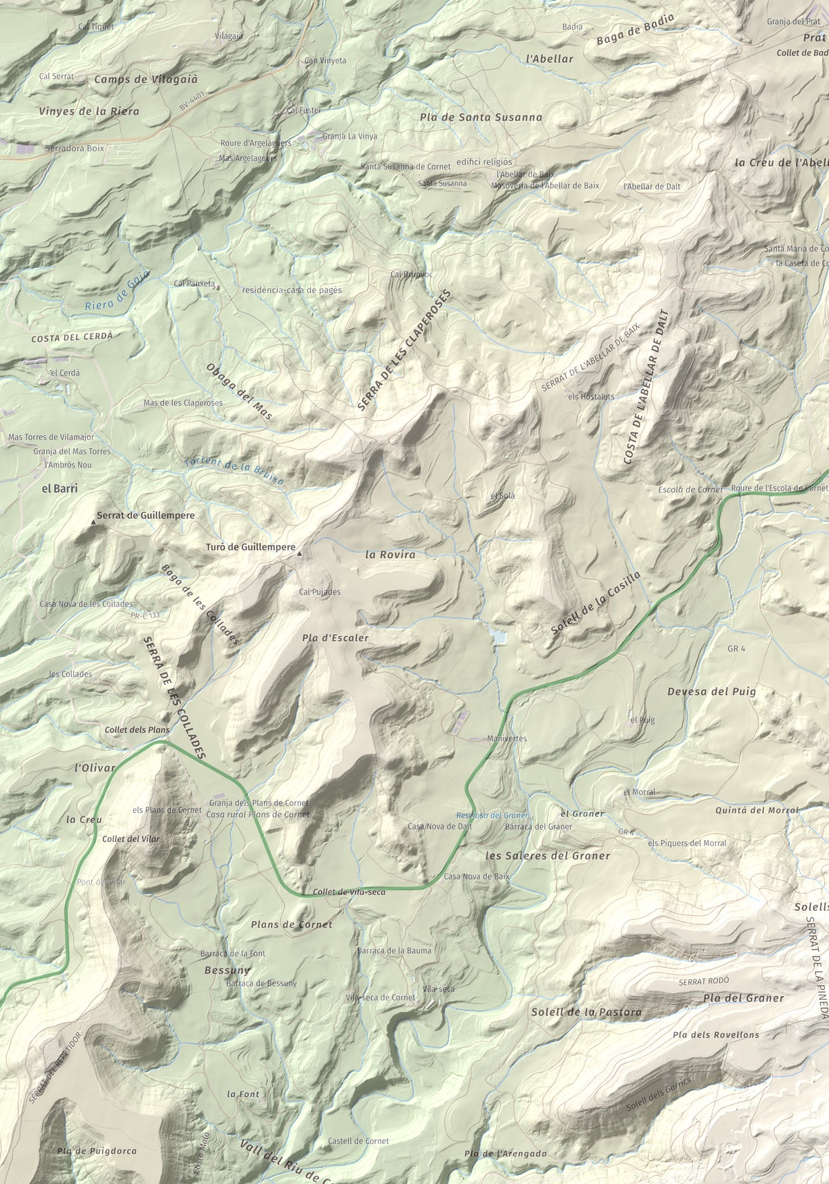Mapa de relieve del Garrofí, 617 m, Bages, lámina 100 Cims de Trobart. Detalle de la zona superior izquierda. 70 × 100 cm.
