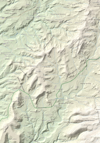 Mapa de relieve del Garrofí, 617 m, Bages, lámina 100 Cims de Trobart. Detalle de la zona superior izquierda. 70 × 100 cm.