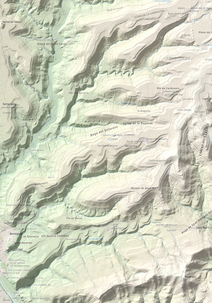 Mapa de relieve del Garrofí, 617 m, Bages, lámina 100 Cims de Trobart. Detalle de la zona inferior izquierda. 70 × 100 cm.