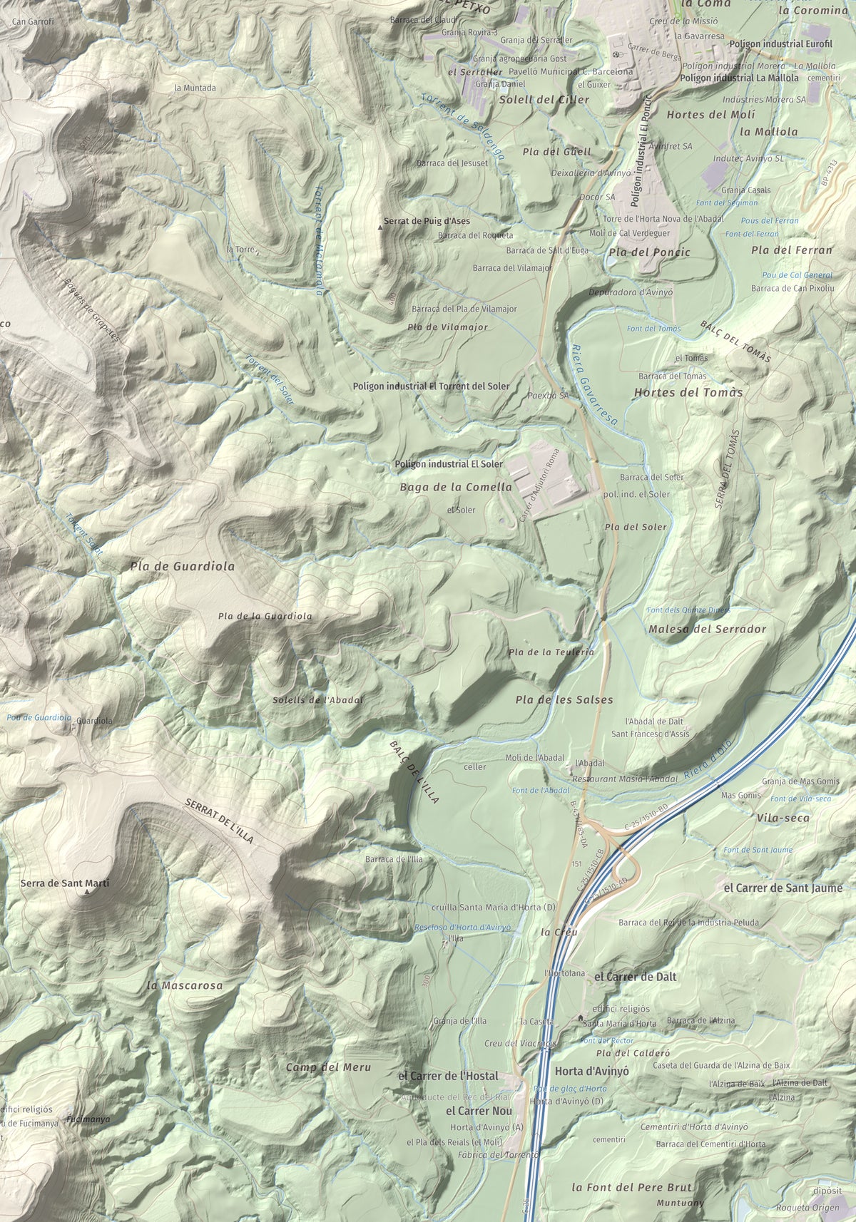 Mapa de relieve del Garrofí, 617 m, Bages, lámina 100 Cims de Trobart. Detalle de la zona inferior derecha. 70 × 100 cm.
