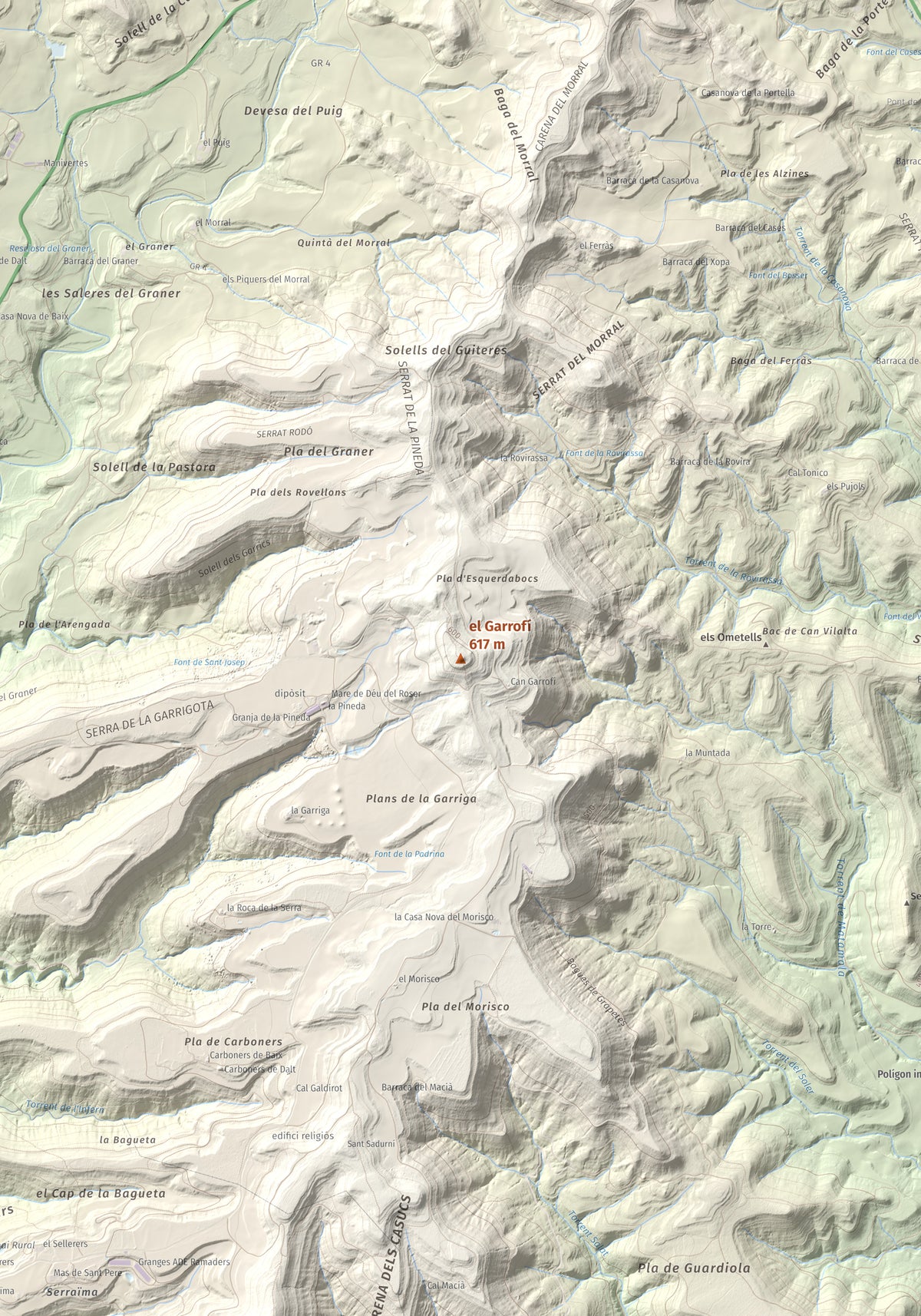 Mapa de relieve del Garrofí, 617 m, Bages, lámina 100 Cims de Trobart. Detalle de la zona central. 70 × 100 cm.