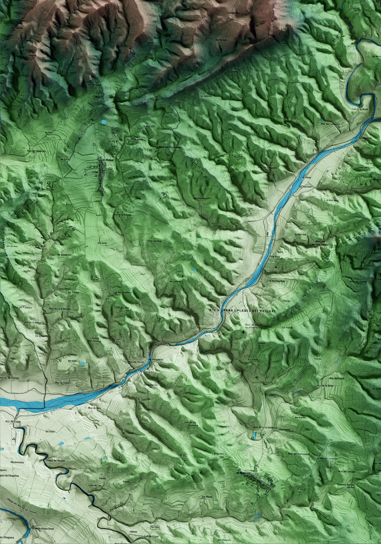 Mapa artístico del relieve del Lloar, al Priorat, con 15 km de entorno y base topográfica ICGC. Detalle de la zona inferior izquierda.
