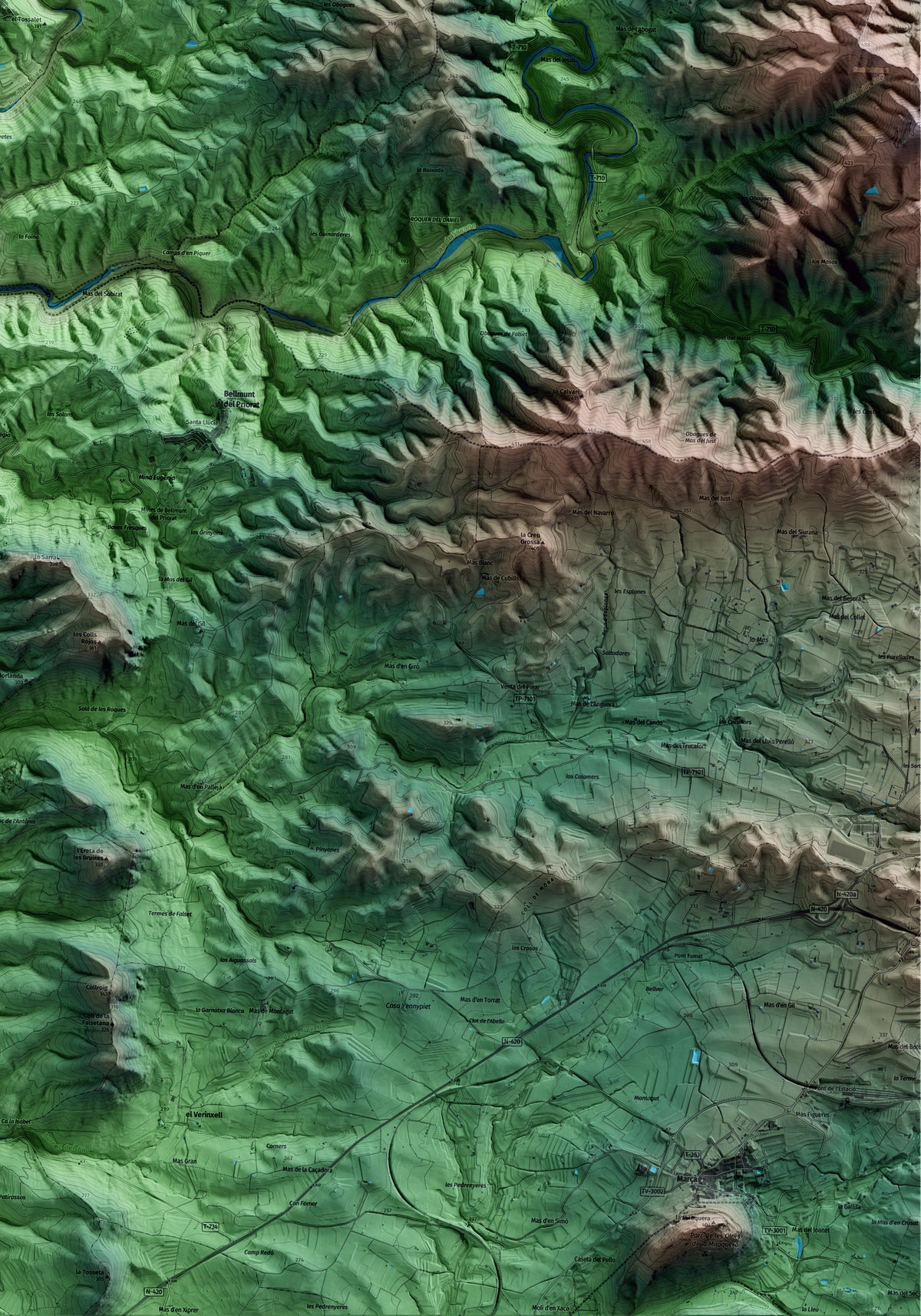 Mapa artístico del relieve del Lloar, al Priorat, con 15 km de entorno y base topográfica ICGC. Detalle de la zona inferior derecha.