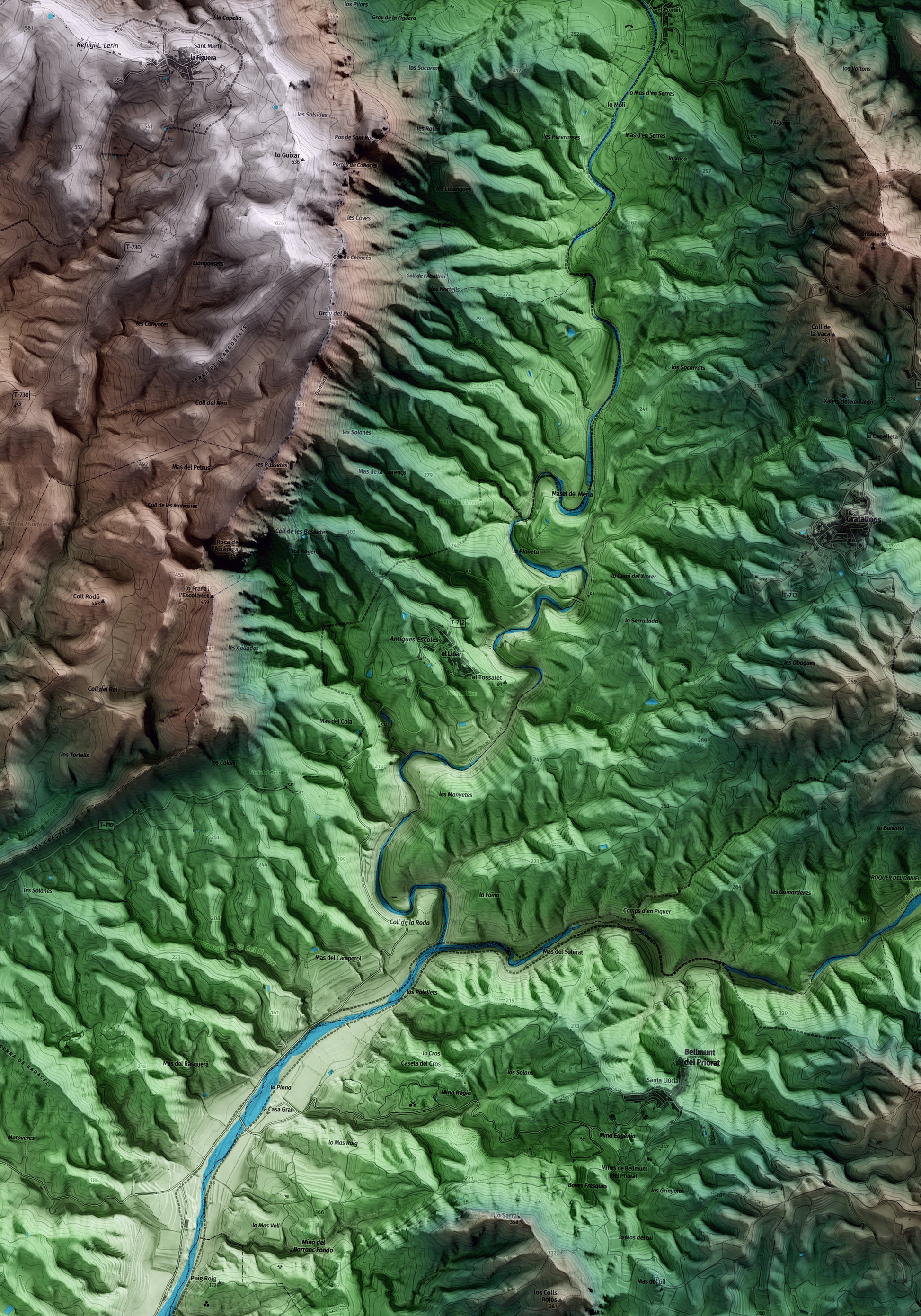 Mapa artístico del relieve del Lloar, al Priorat, con 15 km de entorno y base topográfica ICGC. Detalle de la zona central.