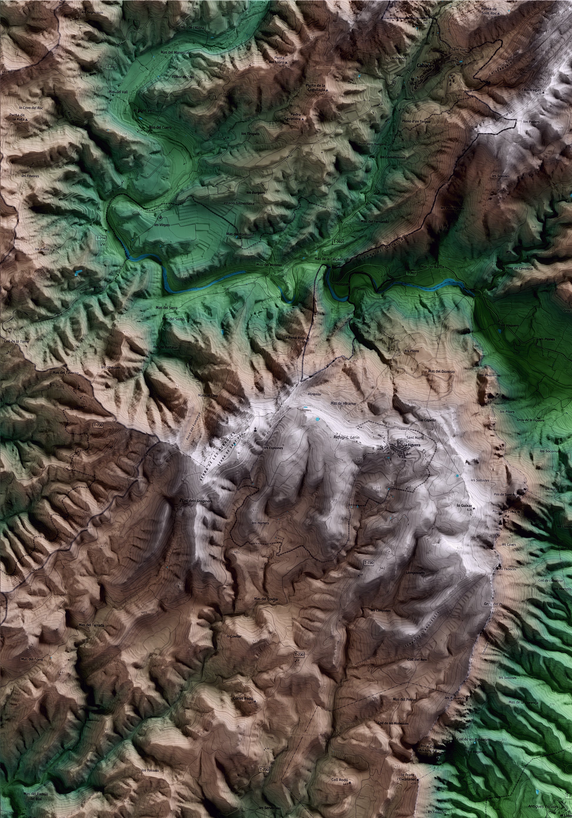 Mapa artístico del relieve del Lloar, al Priorat, con 15 km de entorno y base topográfica ICGC. Detalle de la zona superior izquierda.