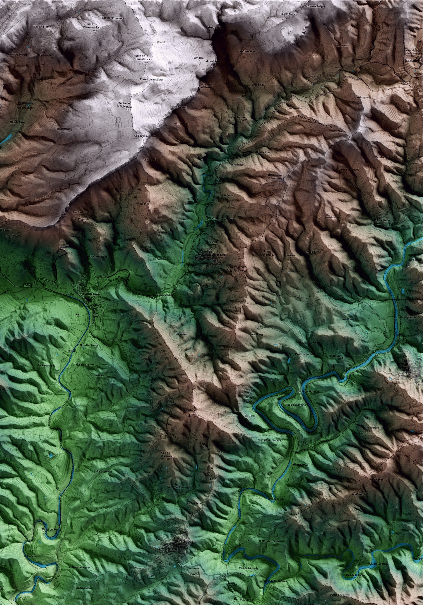 Mapa artístico del relieve del Lloar, al Priorat, con 15 km de entorno y base topográfica ICGC. Detalle de la zona superior derecha.