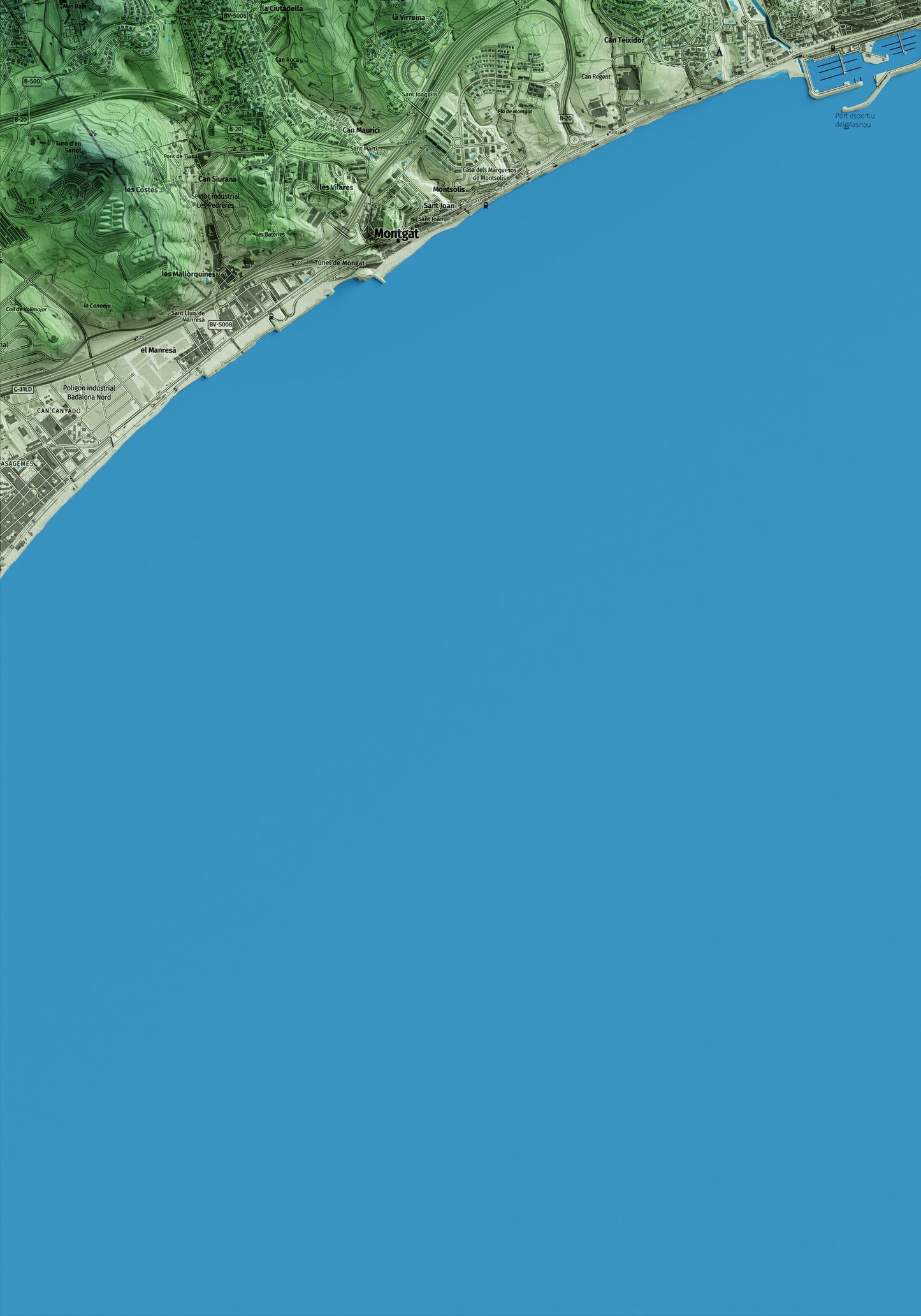 Mapa artístico del relieve del Masnou, al Maresme, con 15 km de entorno y base topográfica ICGC. Detalle de la zona inferior izquierda.