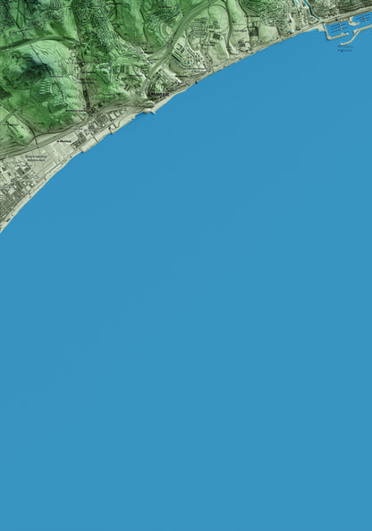 Mapa artístico del relieve del Masnou, al Maresme, con 15 km de entorno y base topográfica ICGC. Detalle de la zona inferior izquierda.