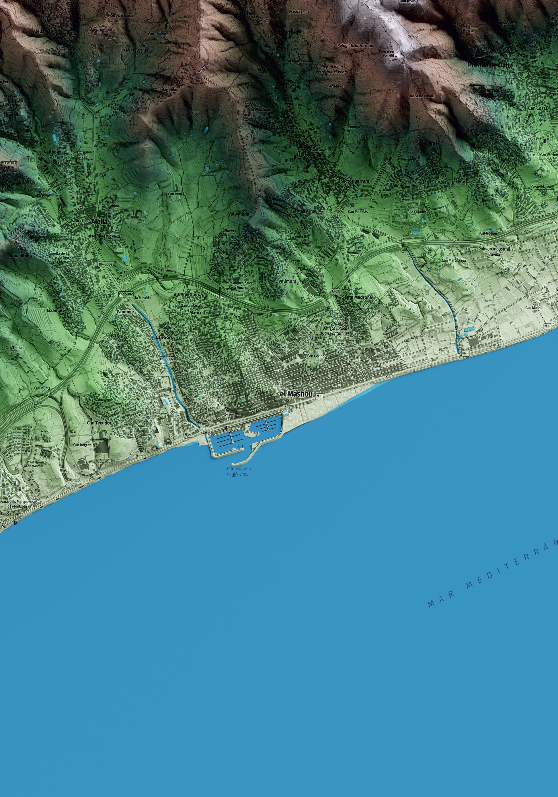 Mapa artístico del relieve del Masnou, al Maresme, con 15 km de entorno y base topográfica ICGC. Detalle de la zona central.