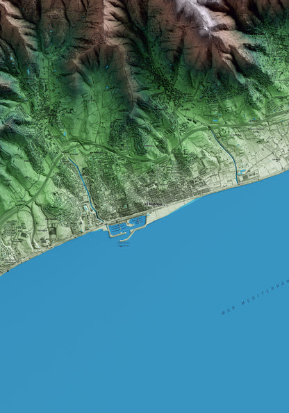 Mapa artístico del relieve del Masnou, al Maresme, con 15 km de entorno y base topográfica ICGC. Detalle de la zona central.