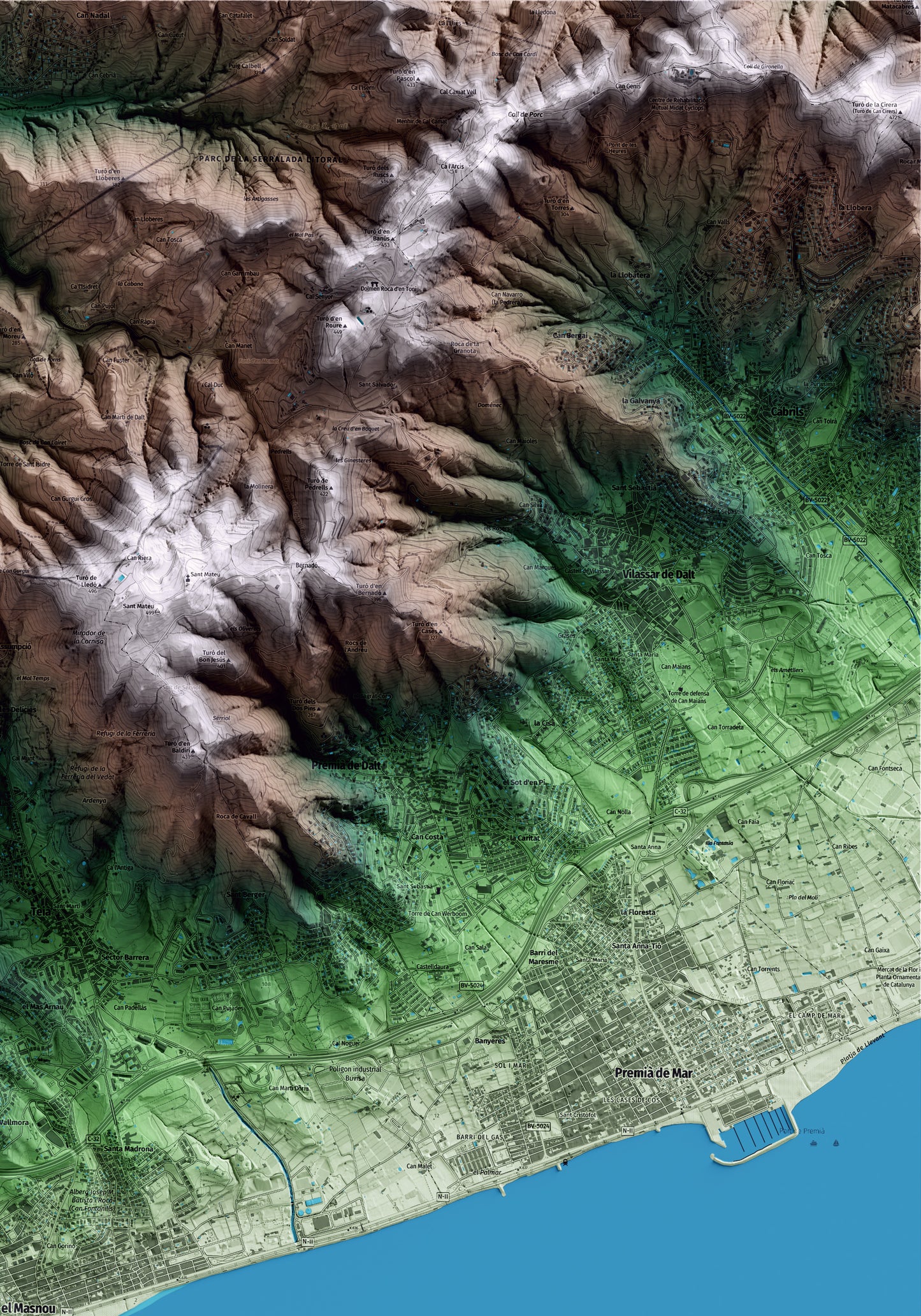 Mapa artístico del relieve del Masnou, al Maresme, con 15 km de entorno y base topográfica ICGC. Detalle de la zona superior derecha.