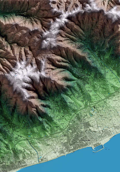 Mapa artístico del relieve del Masnou, al Maresme, con 15 km de entorno y base topográfica ICGC. Detalle de la zona superior derecha.