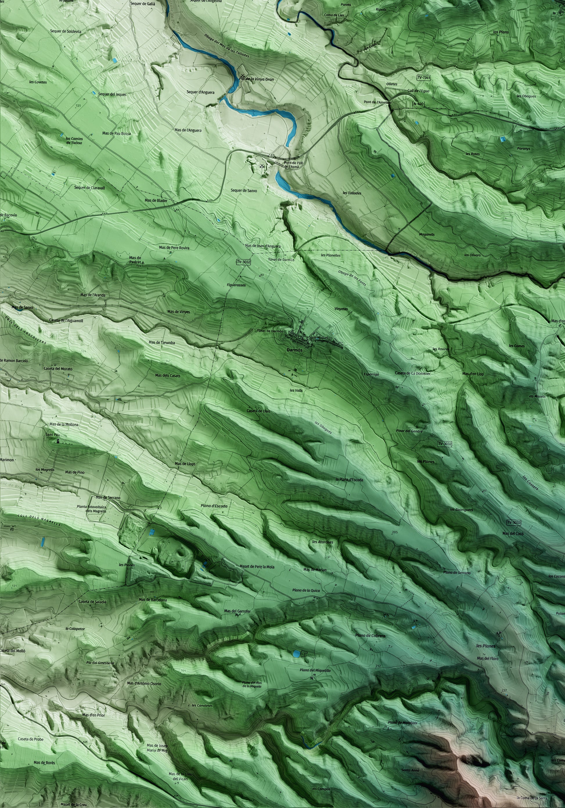 Mapa artístico del relieve del Masroig, al Priorat, con 15 km de entorno y base topográfica ICGC. Detalle de la zona inferior izquierda.