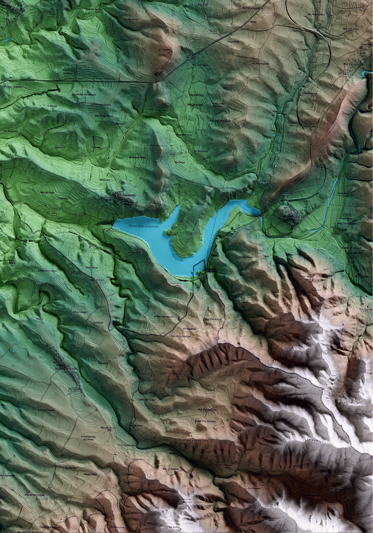 Mapa artístico del relieve del Masroig, al Priorat, con 15 km de entorno y base topográfica ICGC. Detalle de la zona inferior derecha.