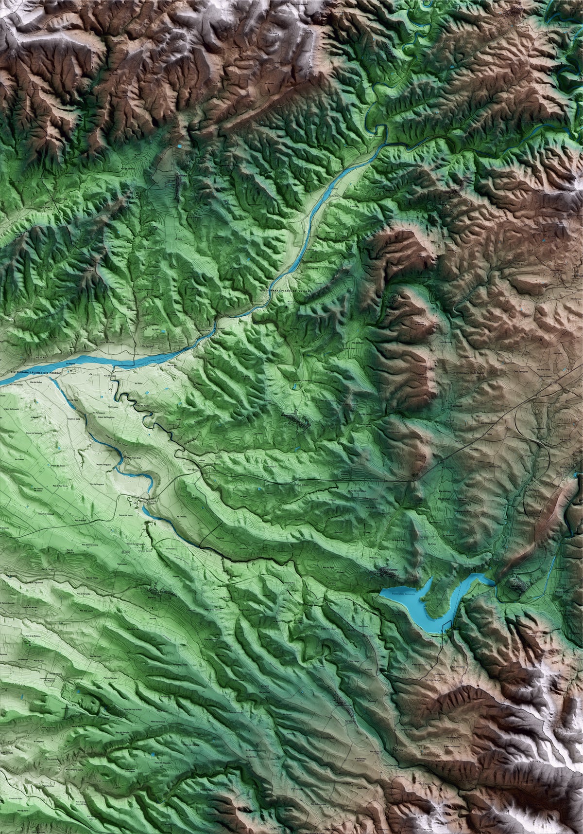 Mapa artístico del relieve del Masroig, al Priorat, con 15 km de entorno y base topográfica ICGC