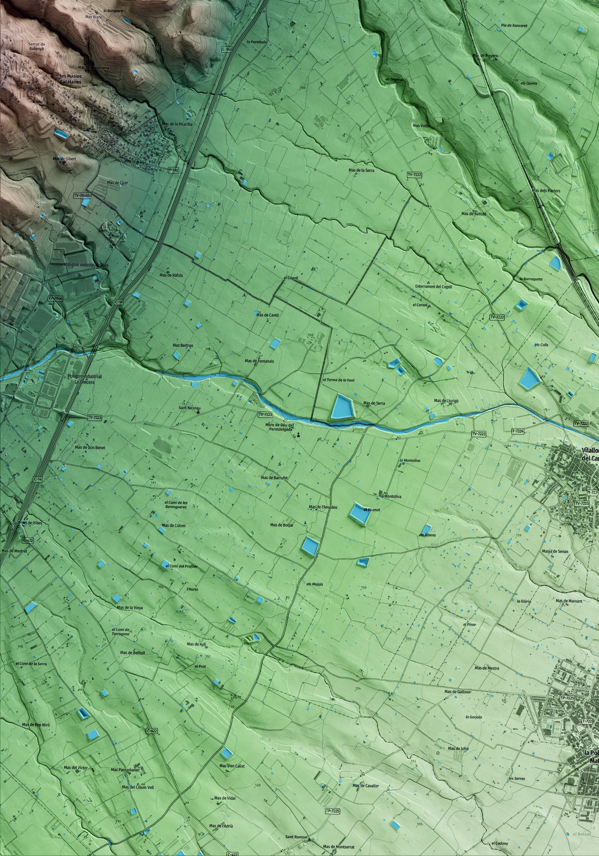 Mapa artístico del relieve del Milà, al Alt Camp, con 15 km de entorno y base topográfica ICGC. Detalle de la zona inferior izquierda.