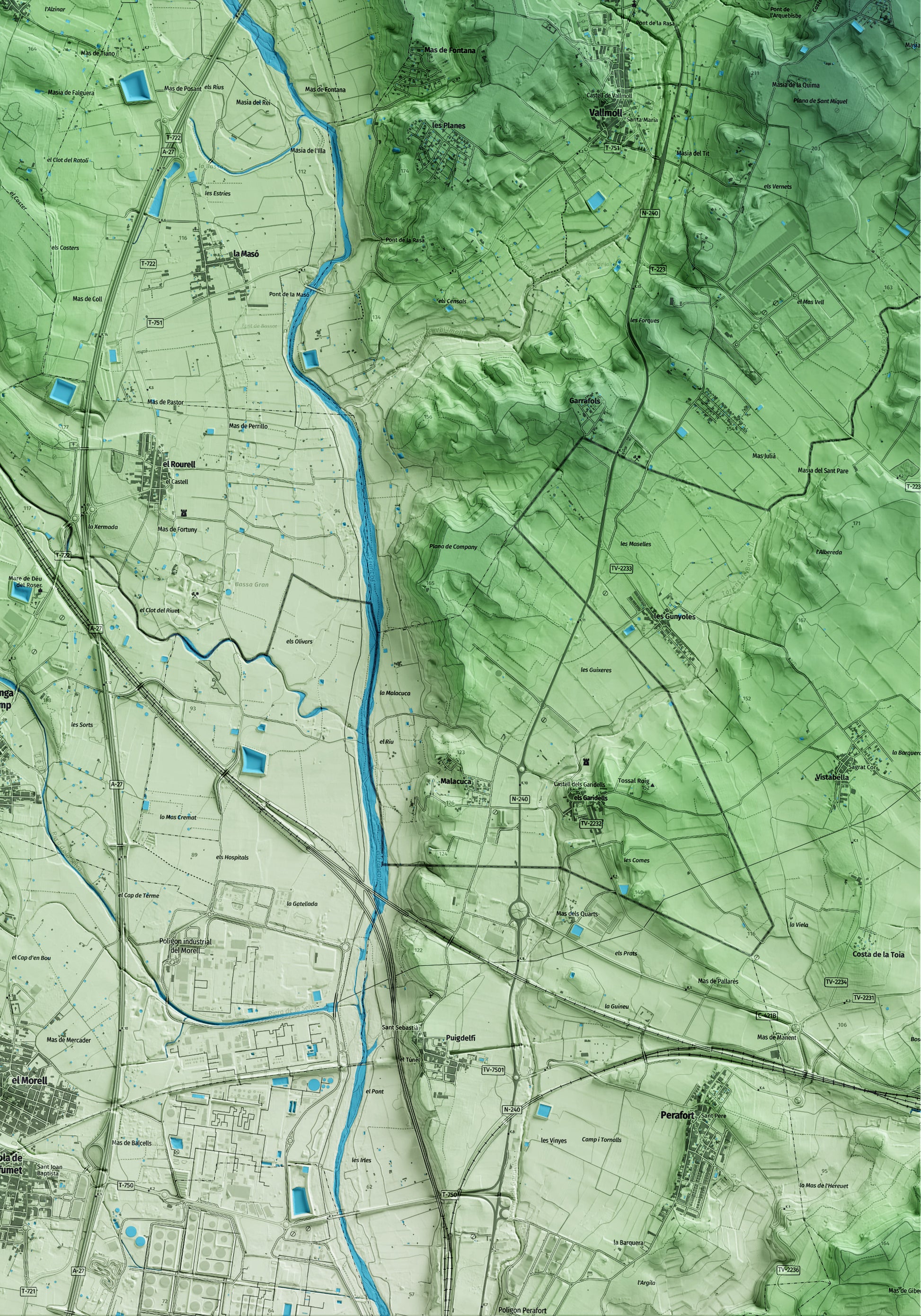 Mapa artístico del relieve del Milà, al Alt Camp, con 15 km de entorno y base topográfica ICGC. Detalle de la zona inferior derecha.