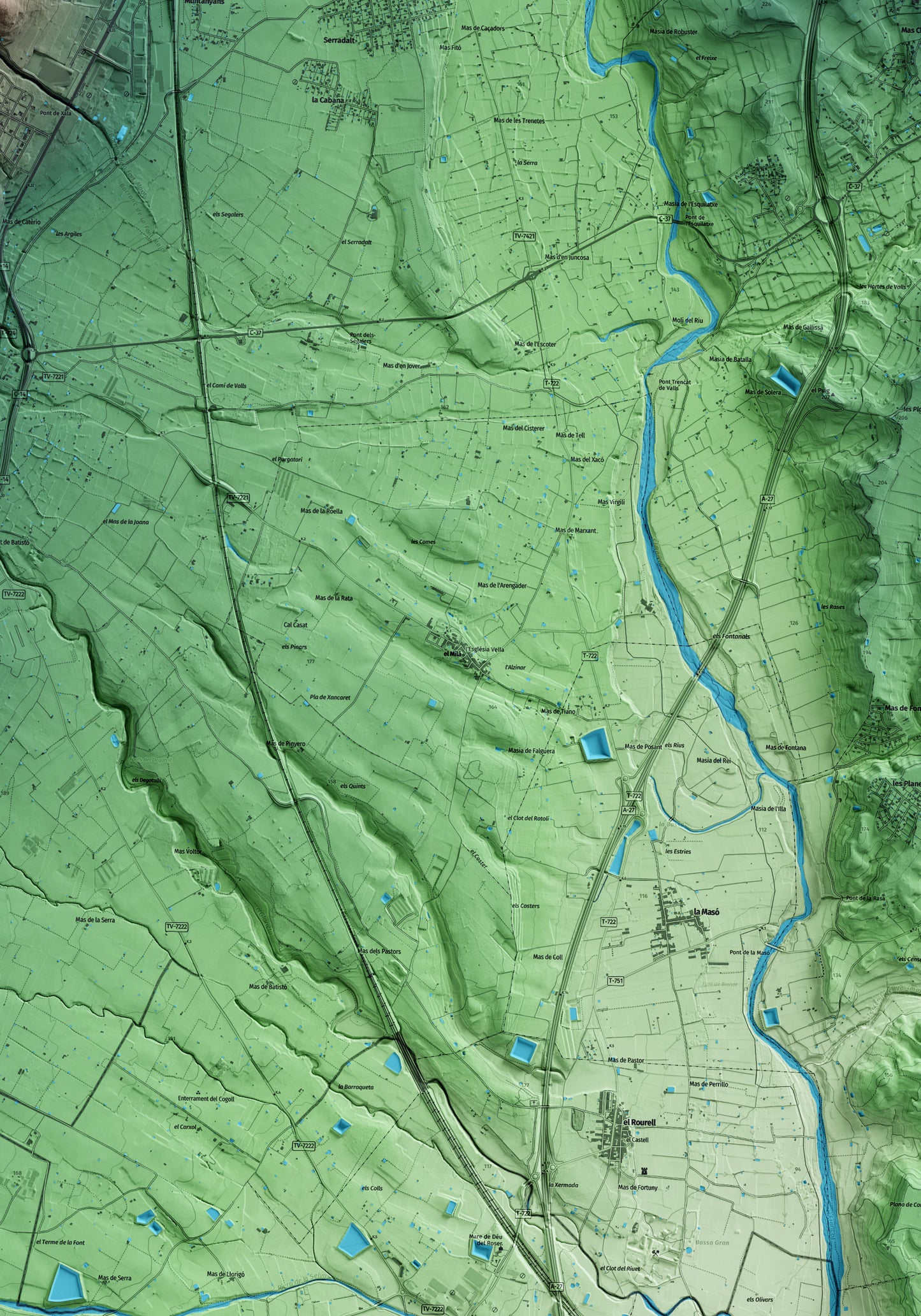 Mapa artístico del relieve del Milà, al Alt Camp, con 15 km de entorno y base topográfica ICGC. Detalle de la zona central.