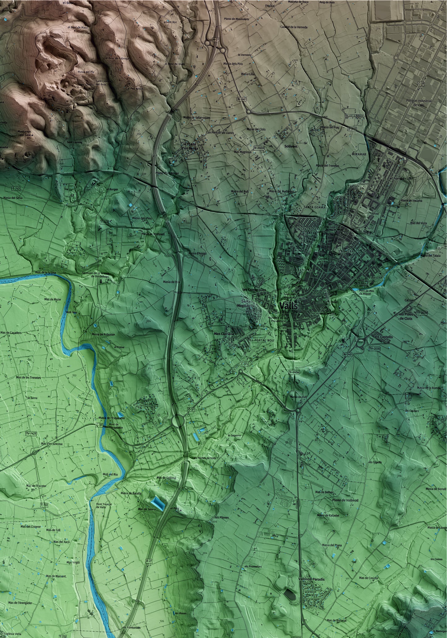Mapa artístico del relieve del Milà, al Alt Camp, con 15 km de entorno y base topográfica ICGC. Detalle de la zona superior derecha.