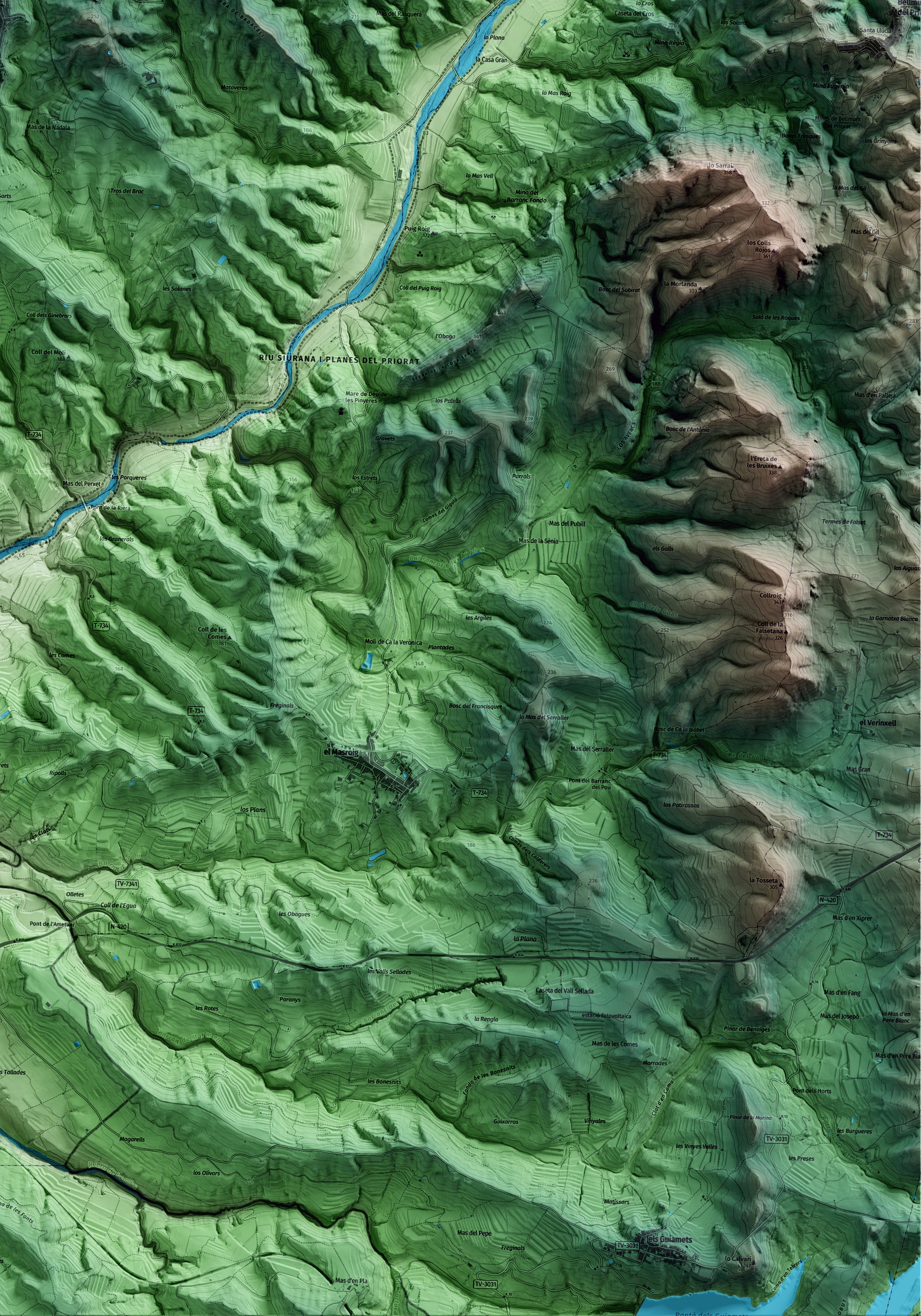 Mapa artístico del relieve del Molar, al Priorat, con 15 km de entorno y base topográfica ICGC. Detalle de la zona inferior derecha.