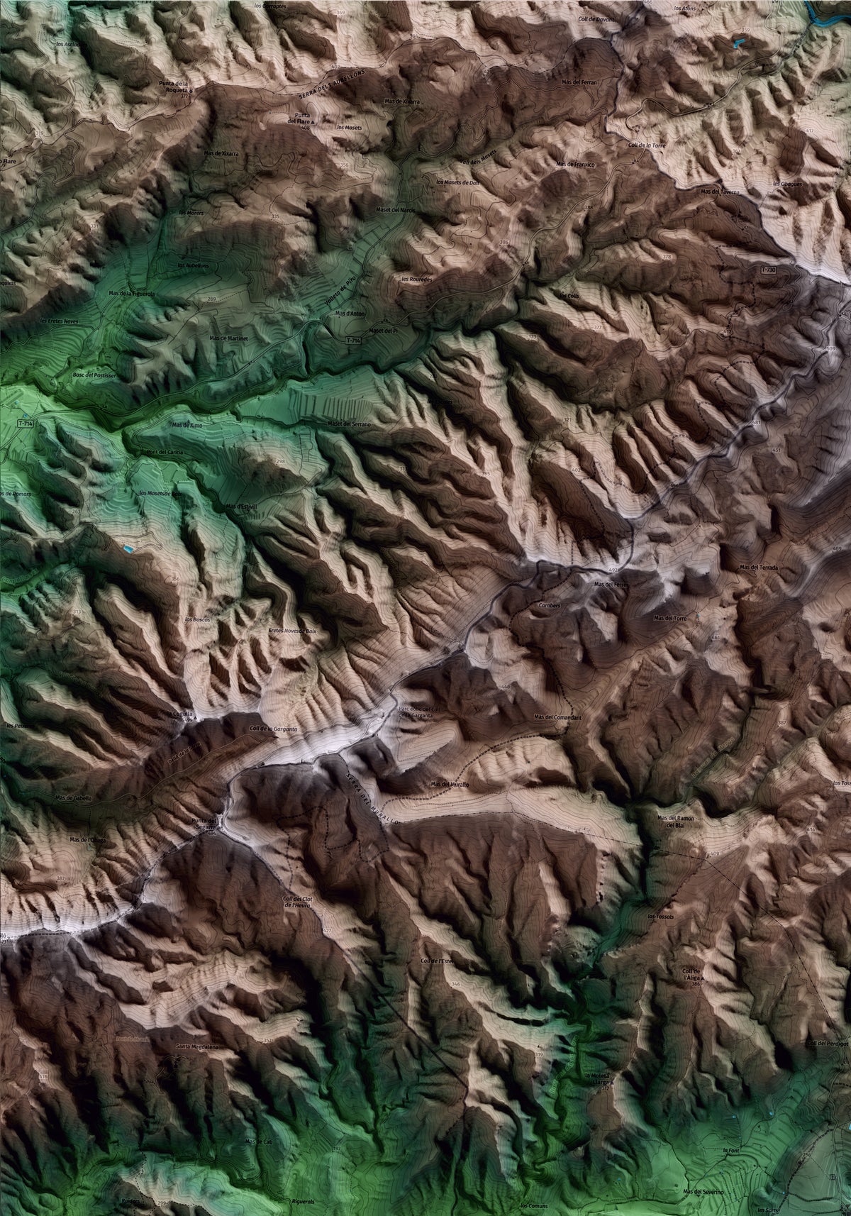 Mapa artístico del relieve del Molar, al Priorat, con 15 km de entorno y base topográfica ICGC. Detalle de la zona superior izquierda.