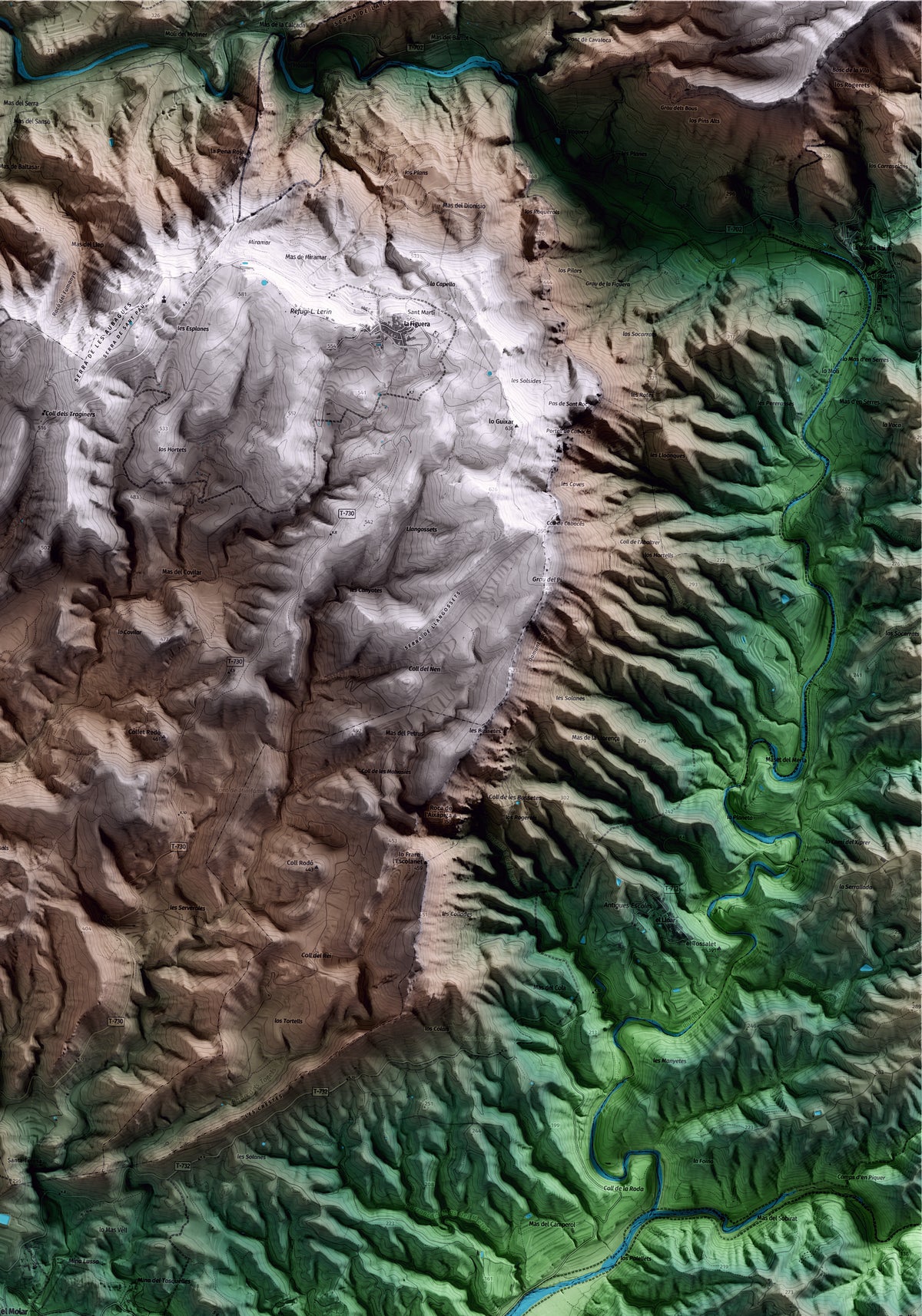 Mapa artístico del relieve del Molar, al Priorat, con 15 km de entorno y base topográfica ICGC. Detalle de la zona superior derecha.
