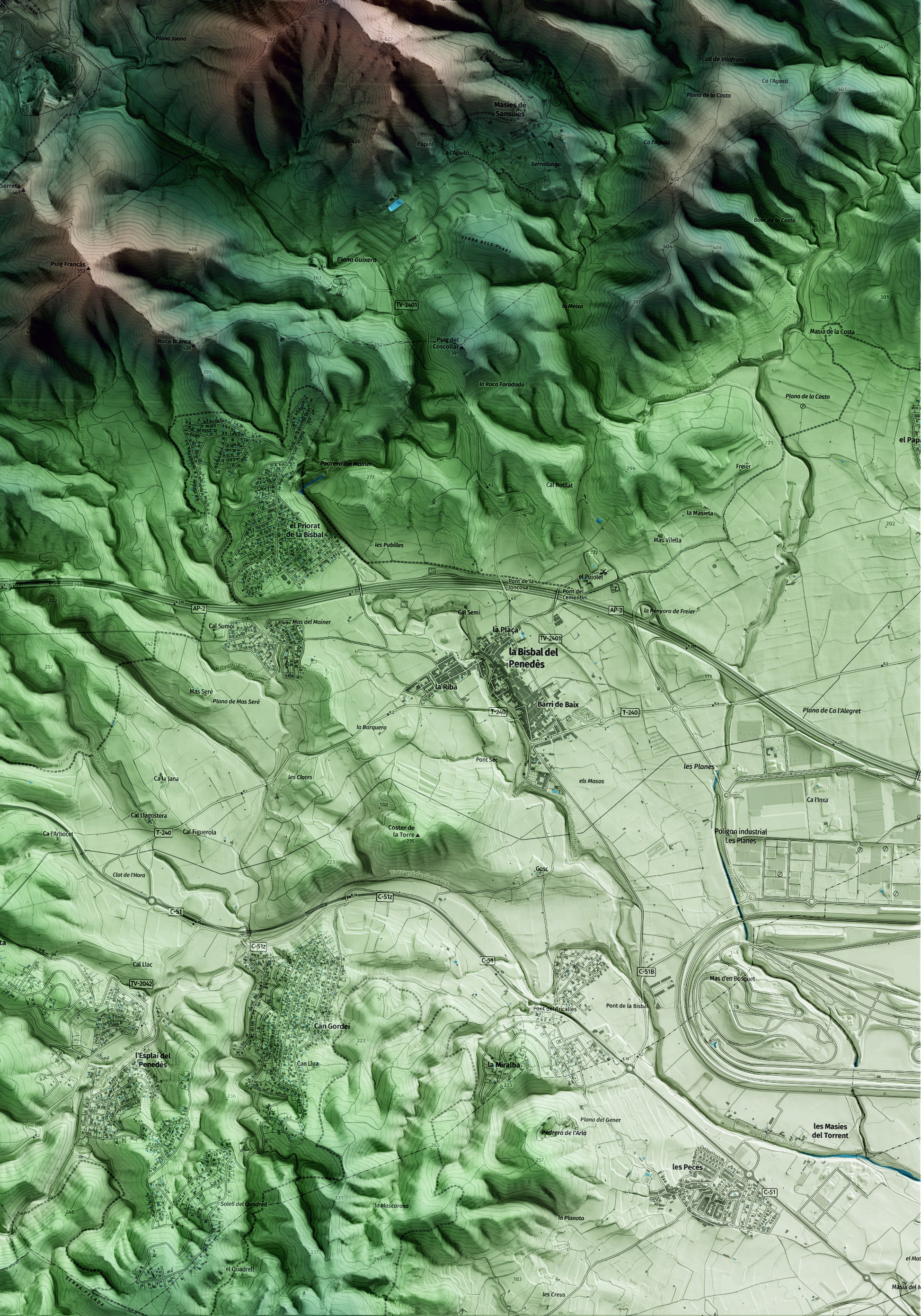 Mapa artístico del relieve del Montmell, al Baix Penedès, con 15 km de entorno y base topográfica ICGC. Detalle de la zona inferior derecha.