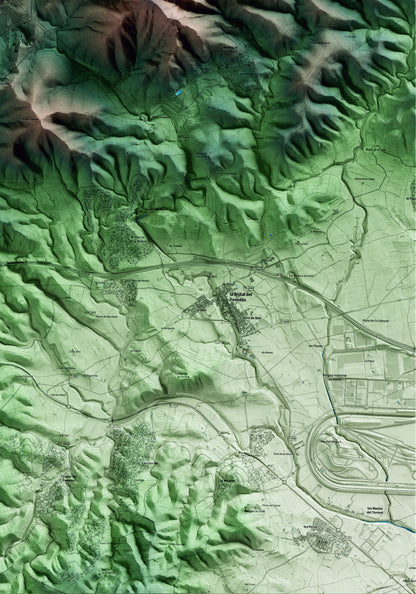 Mapa artístico del relieve del Montmell, al Baix Penedès, con 15 km de entorno y base topográfica ICGC. Detalle de la zona inferior derecha.
