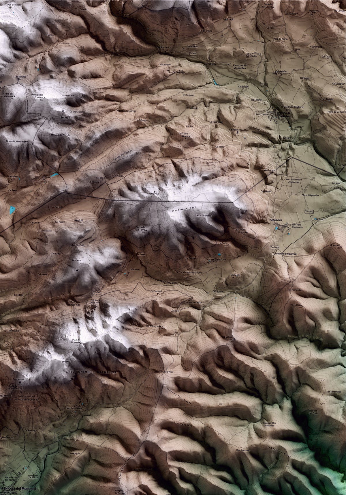 Mapa artístico del relieve del Montmell, al Baix Penedès, con 15 km de entorno y base topográfica ICGC. Detalle de la zona superior derecha.