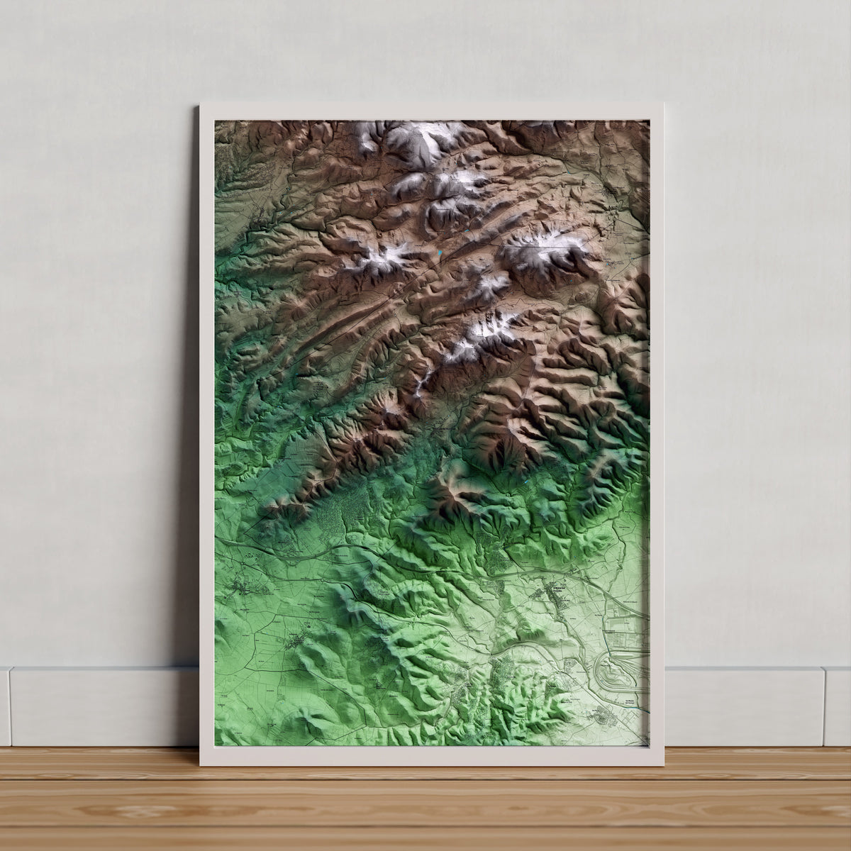Mapa artístico del relieve del Montmell, al Baix Penedès, con 15 km de entorno y base topográfica ICGC. Presentación enmarcada.