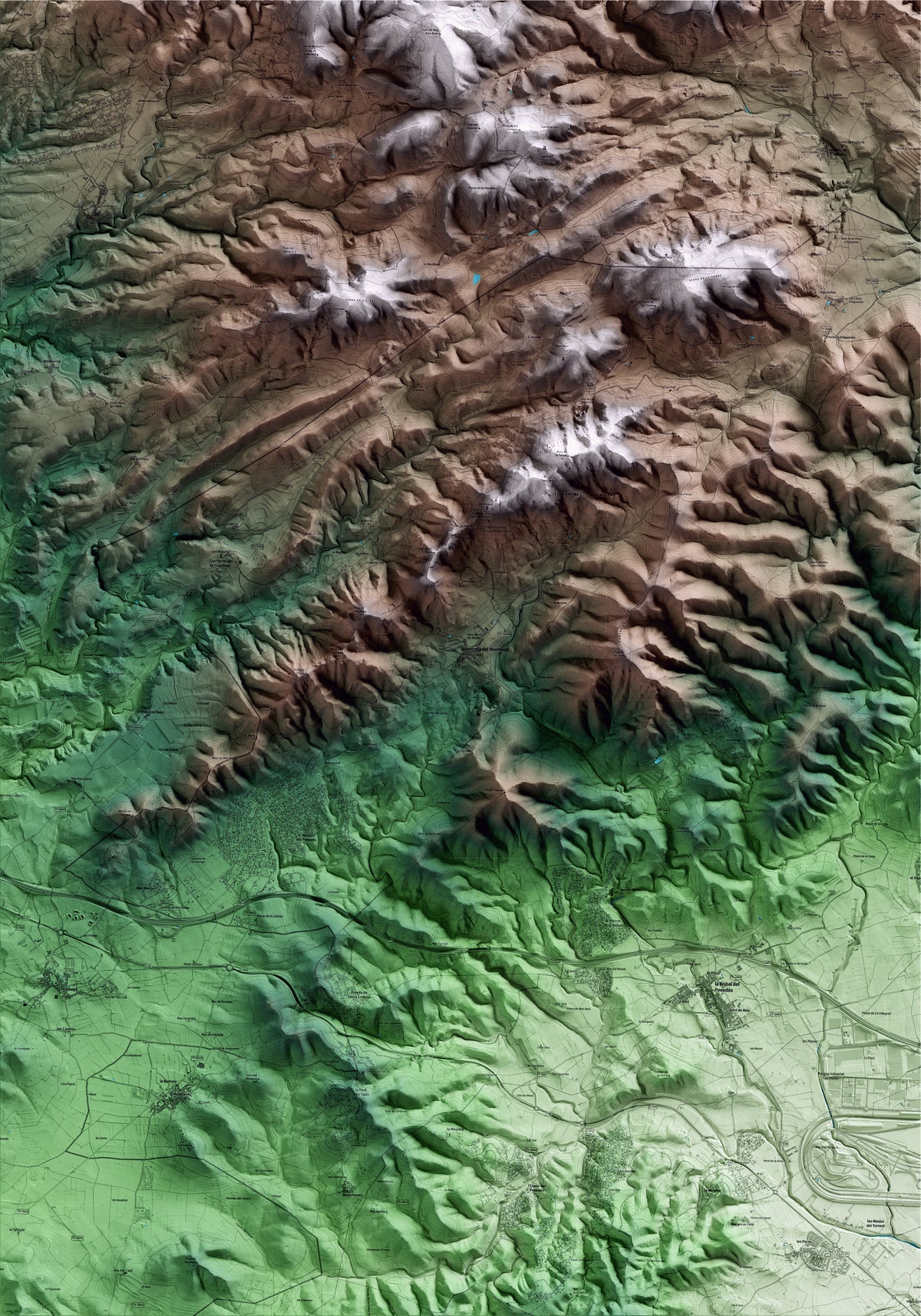 Mapa artístico del relieve del Montmell, al Baix Penedès, con 15 km de entorno y base topográfica ICGC