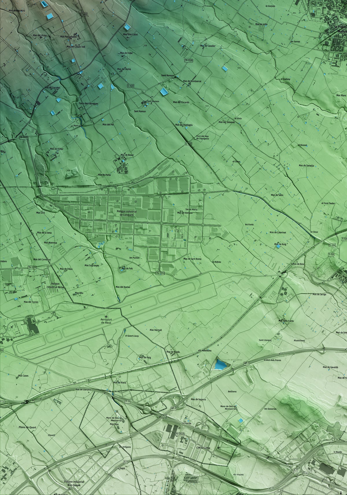 Mapa artístico del relieve del Morell, al Tarragonès, con 15 km de entorno y base topográfica ICGC. Detalle de la zona inferior izquierda.