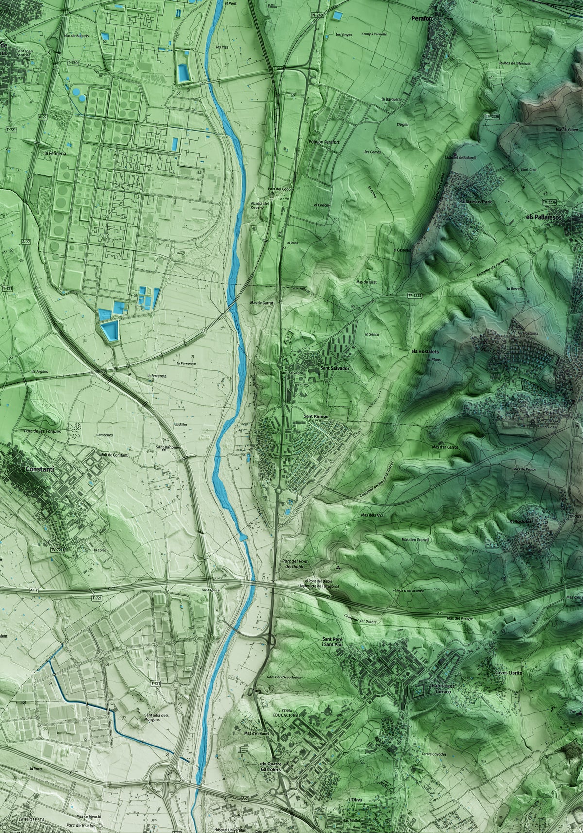 Mapa artístico del relieve del Morell, al Tarragonès, con 15 km de entorno y base topográfica ICGC. Detalle de la zona inferior derecha.