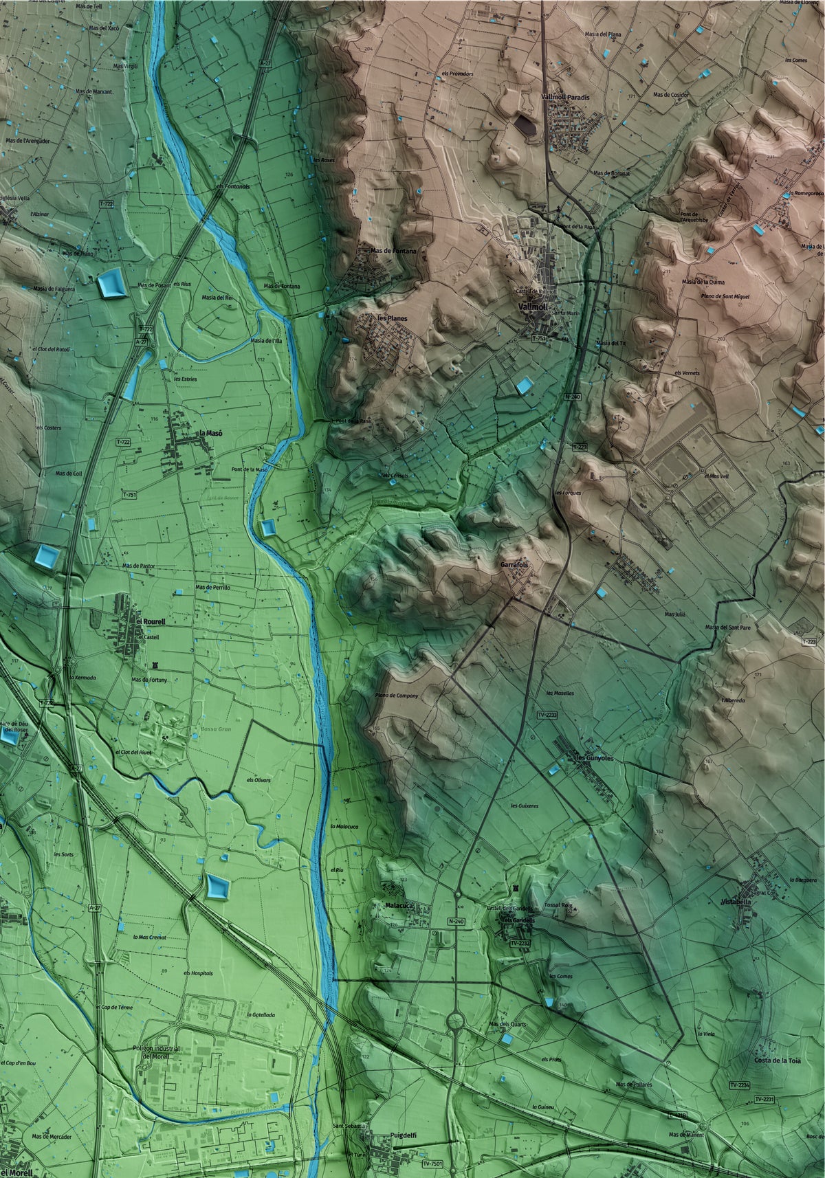 Mapa artístico del relieve del Morell, al Tarragonès, con 15 km de entorno y base topográfica ICGC. Detalle de la zona superior derecha.