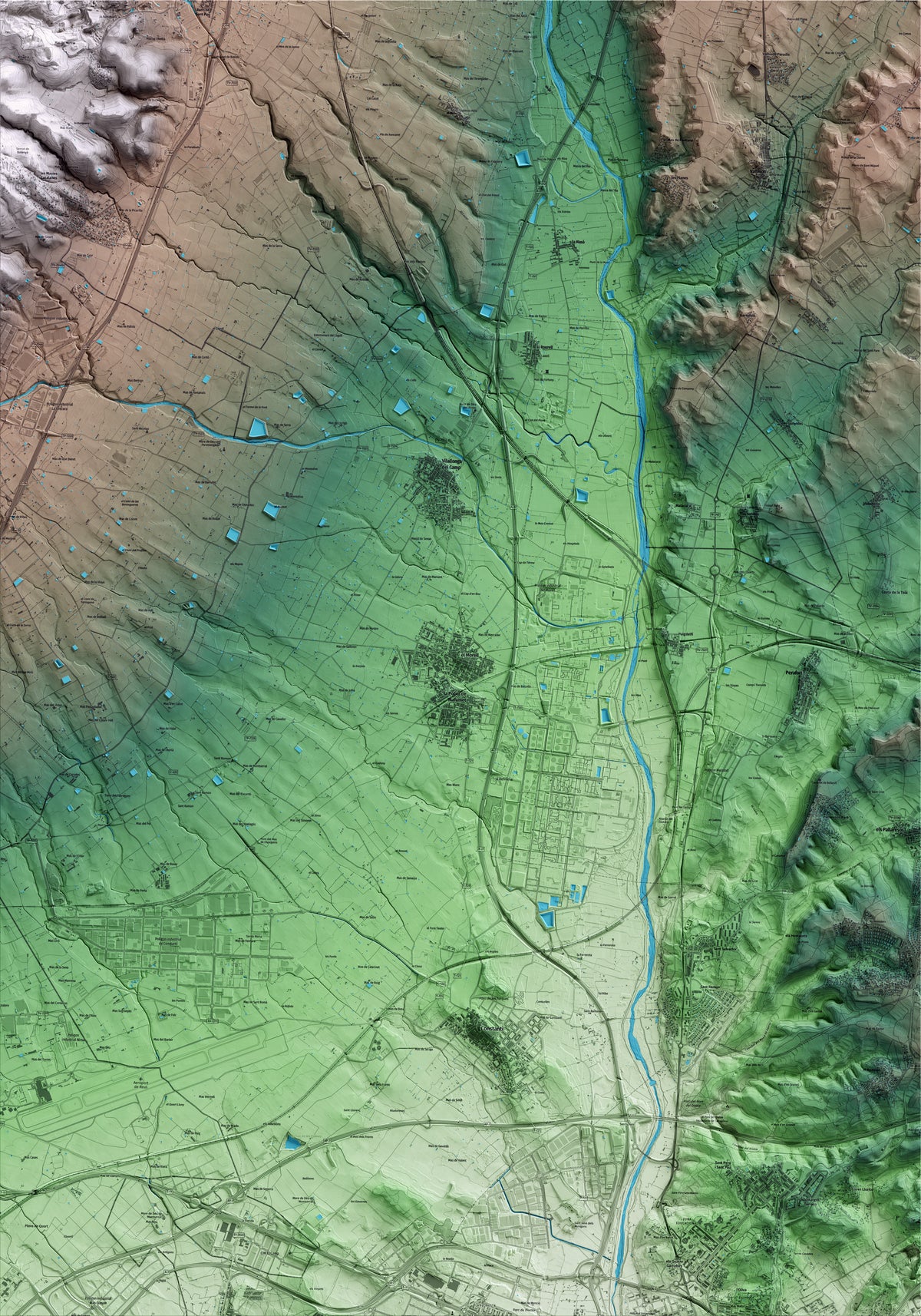 Mapa artístico del relieve del Morell, al Tarragonès, con 15 km de entorno y base topográfica ICGC