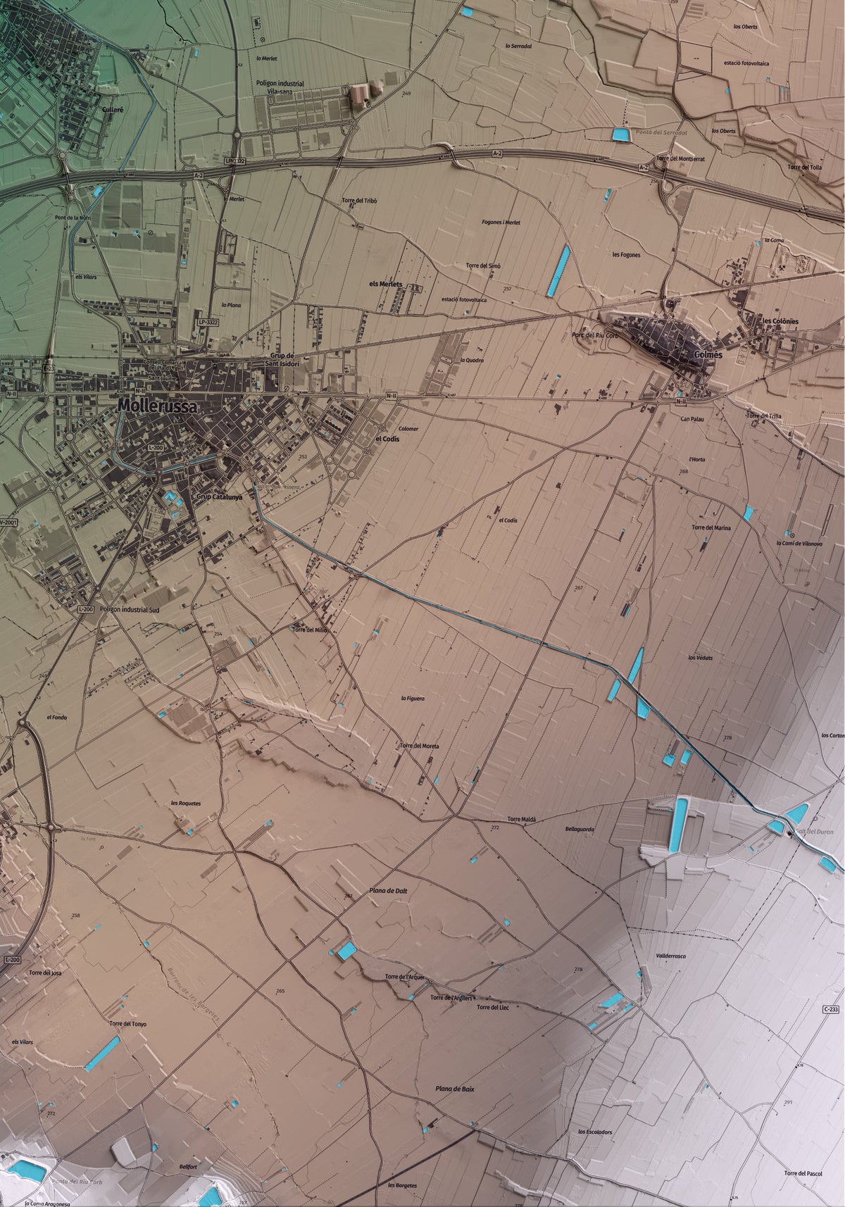 Mapa artístico del relieve del Palau d'Anglesola, en el Pla d'Urgell, con 15 km de entorno y base topográfica ICGC. Detalle de la zona inferior derecha.
