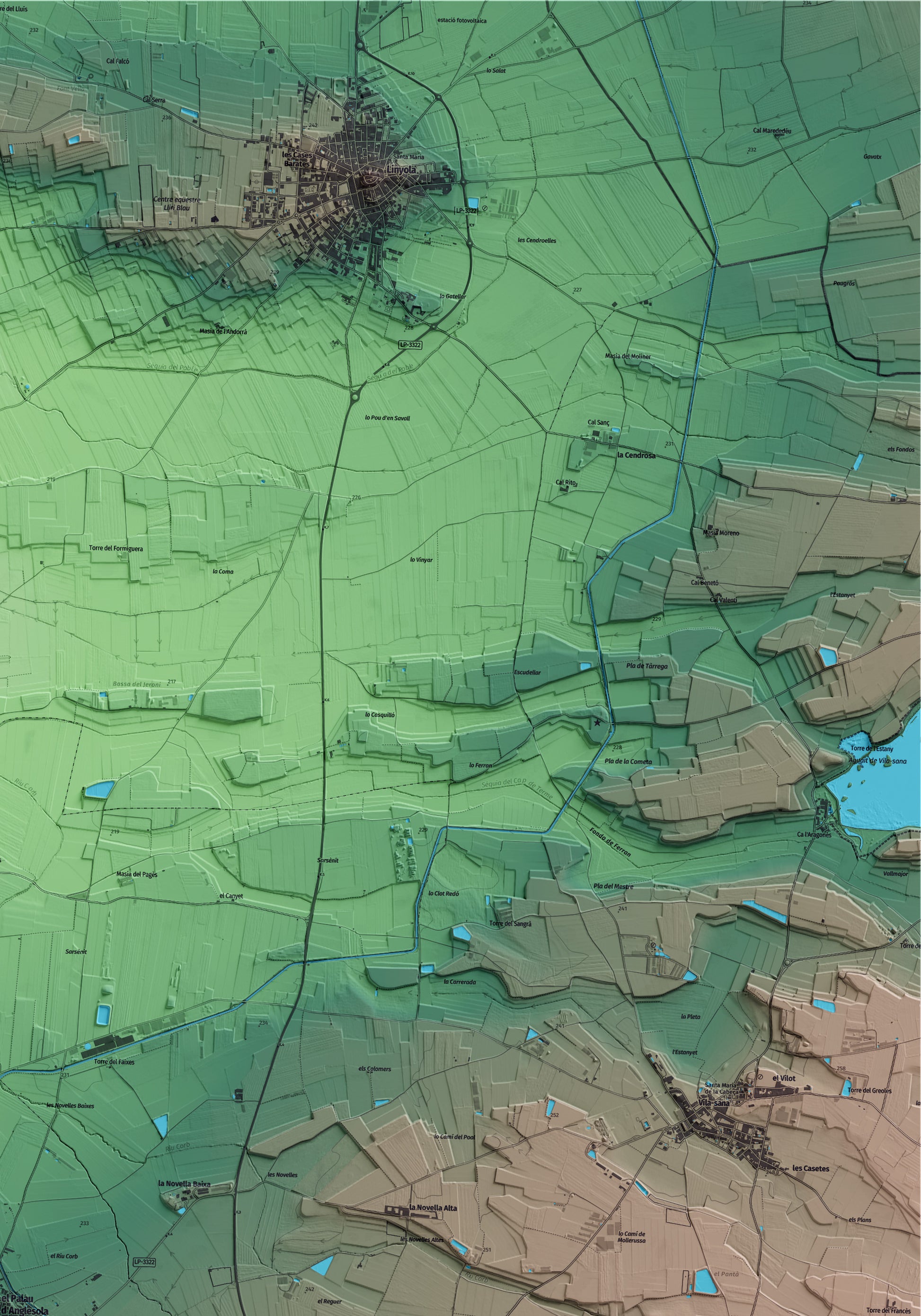 Mapa artístico del relieve del Palau d'Anglesola, en el Pla d'Urgell, con 15 km de entorno y base topográfica ICGC. Detalle de la zona superior derecha.
