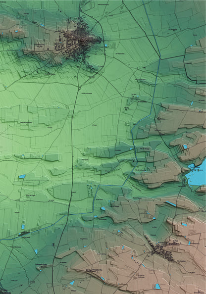 Mapa artístico del relieve del Palau d'Anglesola, en el Pla d'Urgell, con 15 km de entorno y base topográfica ICGC. Detalle de la zona superior derecha.