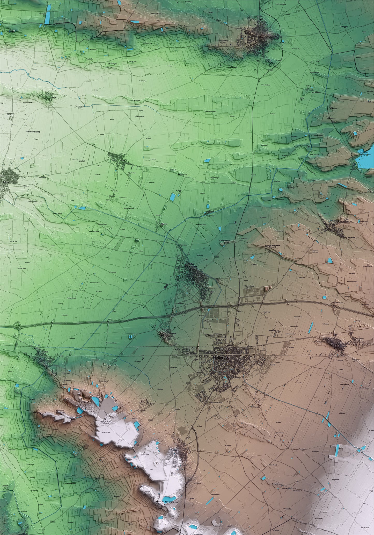 Mapa artístico del relieve del Palau d'Anglesola, en el Pla d'Urgell, con 15 km de entorno y base topográfica ICGC