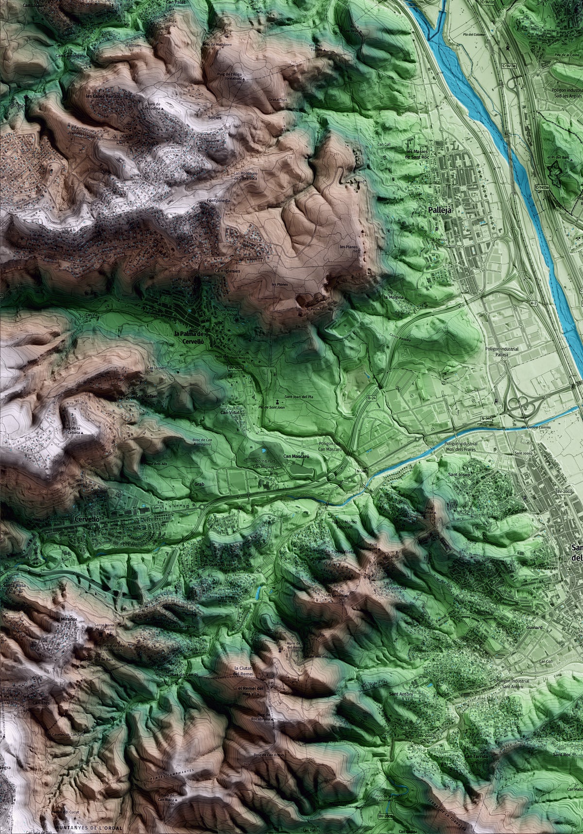 Mapa artístico del relieve del Papiol, al Baix Llobregat, con 15 km de entorno y base topográfica ICGC. Detalle de la zona inferior izquierda.
