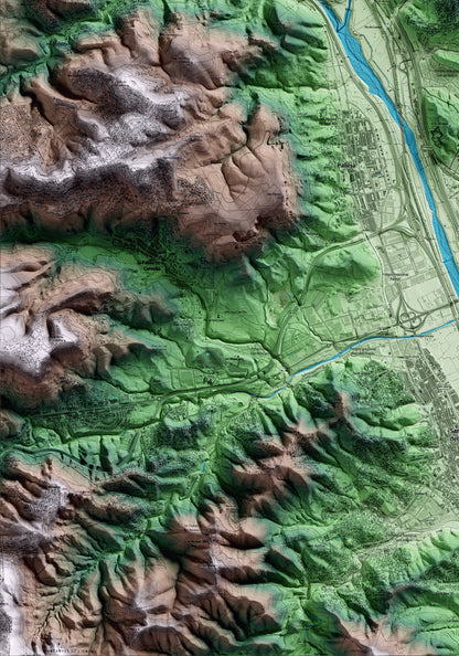 Mapa artístico del relieve del Papiol, al Baix Llobregat, con 15 km de entorno y base topográfica ICGC. Detalle de la zona inferior izquierda.