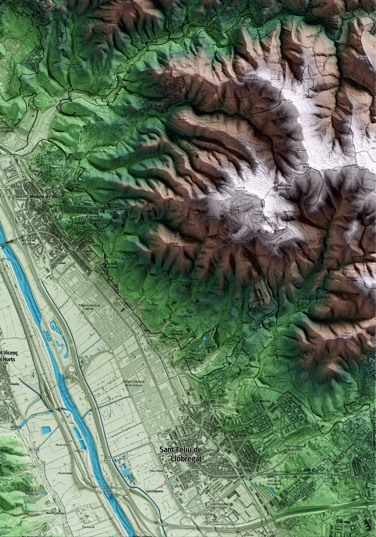 Mapa artístico del relieve del Papiol, al Baix Llobregat, con 15 km de entorno y base topográfica ICGC. Detalle de la zona inferior derecha.
