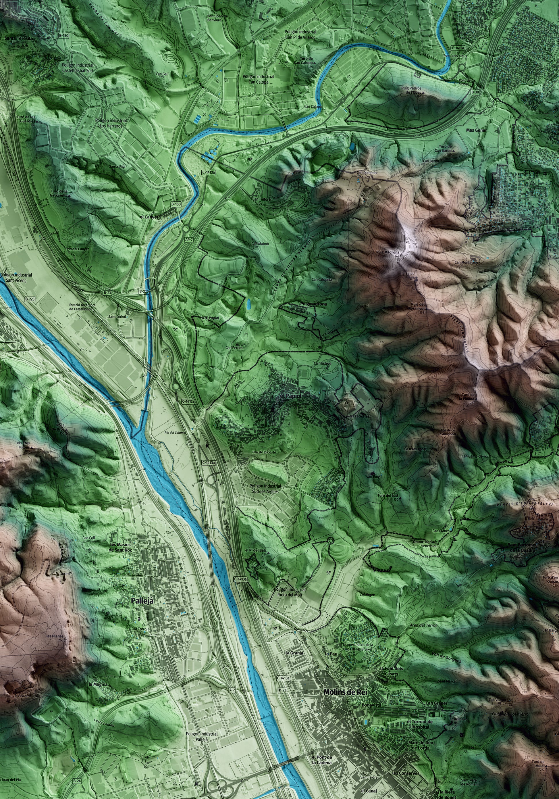 Mapa artístico del relieve del Papiol, al Baix Llobregat, con 15 km de entorno y base topográfica ICGC. Detalle de la zona central.
