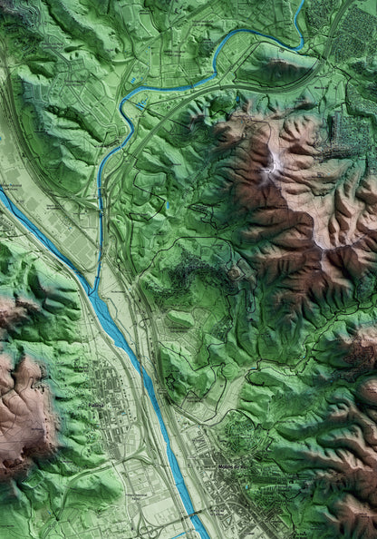 Mapa artístico del relieve del Papiol, al Baix Llobregat, con 15 km de entorno y base topográfica ICGC. Detalle de la zona central.