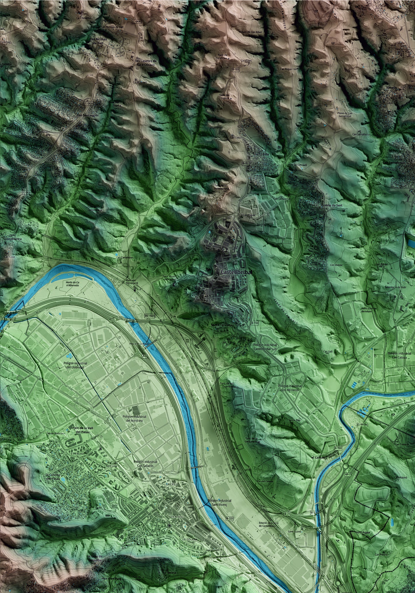 Mapa artístico del relieve del Papiol, al Baix Llobregat, con 15 km de entorno y base topográfica ICGC. Detalle de la zona superior izquierda.