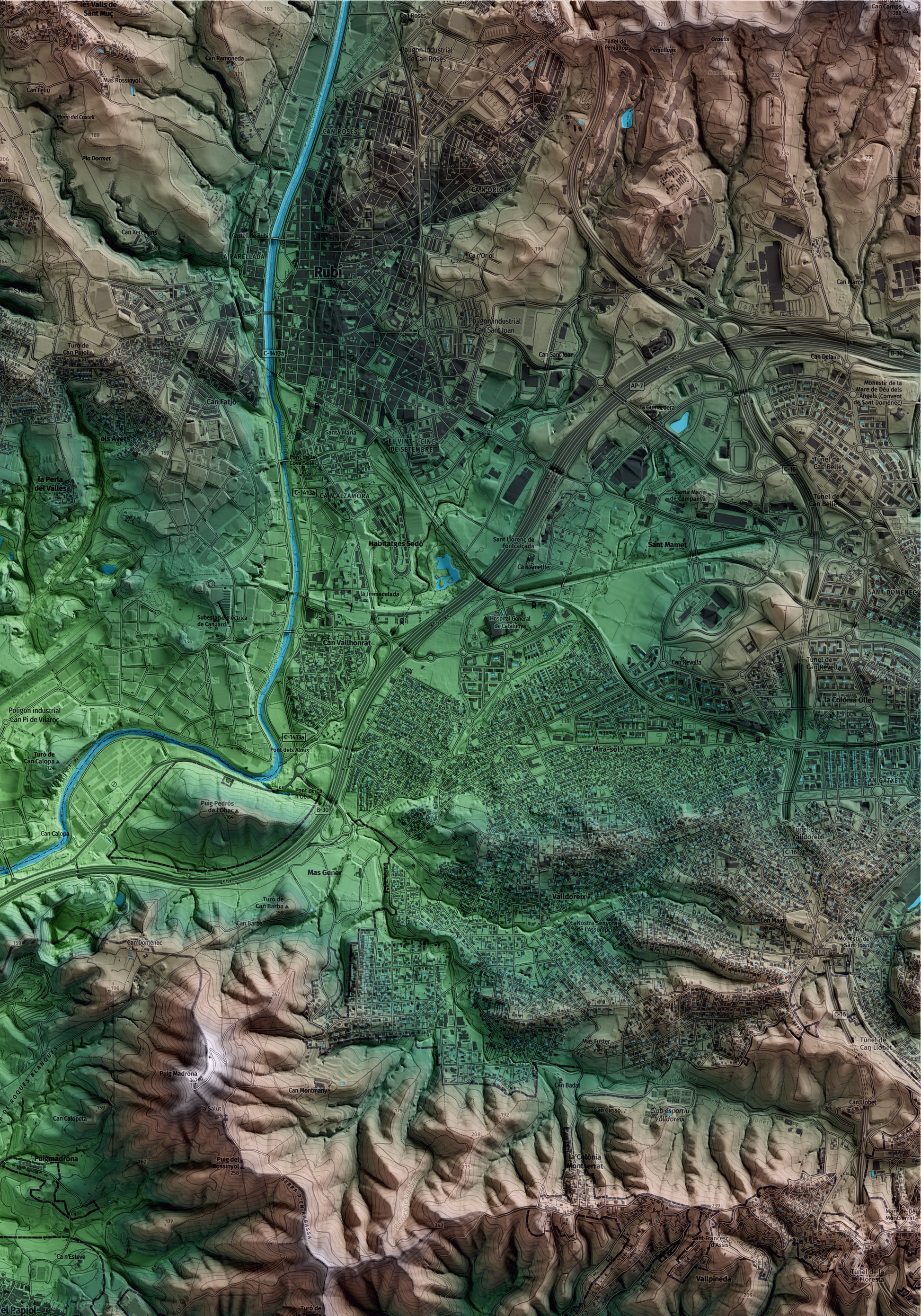 Mapa artístico del relieve del Papiol, al Baix Llobregat, con 15 km de entorno y base topográfica ICGC. Detalle de la zona superior derecha.
