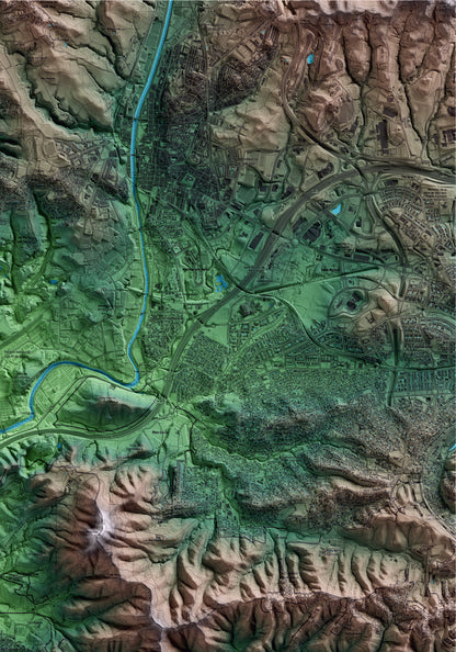 Mapa artístico del relieve del Papiol, al Baix Llobregat, con 15 km de entorno y base topográfica ICGC. Detalle de la zona superior derecha.